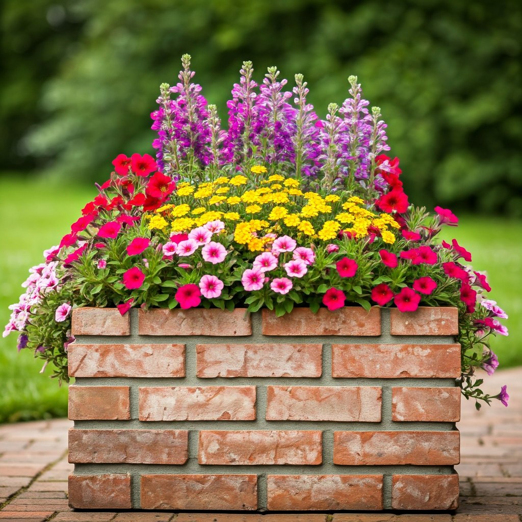 brick planter for garden with flowers inside.